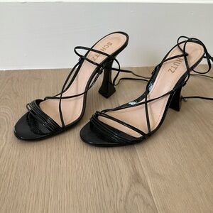 Black patent leather lace up strappy sandal